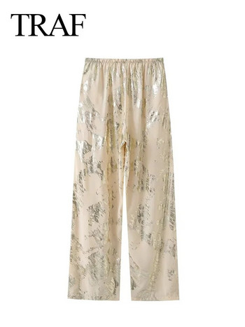 TRAF 2023 Есенни дамски панталони Дамски модни широки панталони Дамски Y2K метални панталони с щампа Завързани прави дамски панталони Streetwear