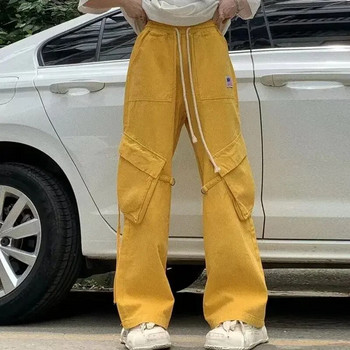 Жълти популярни панталони с широки крачоли с много джобове и широки крачоли, летни ретро прави тънки дънкови панталони