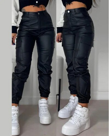 Сексуални панталони от PU кожа с висока талия Дамска мода Y2K Streetwear Винтидж тънки ежедневни панталони Панталони с копчета и джобове Streetwear
