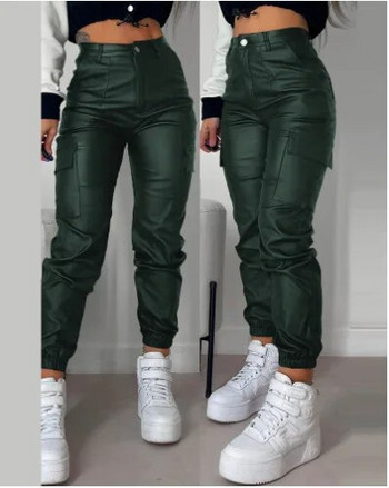 Сексуални панталони от PU кожа с висока талия Дамска мода Y2K Streetwear Винтидж тънки ежедневни панталони Панталони с копчета и джобове Streetwear