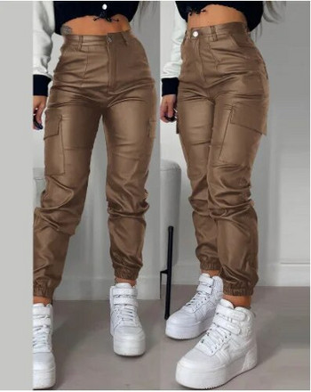 Ψηλόμεση σέξι PU δερμάτινο παντελόνι Γυναικεία μόδα Y2K Streetwear Vintage Slim Casual Παντελόνι Patch Παντελόνι Τσέπης Streetwear