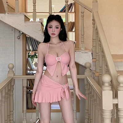 3 részes bikini, szexi bandeau női fürdőruha akasztós nyakú fürdőruha Push Up bikini tömör rózsaszín szerelmes csatos strandruha