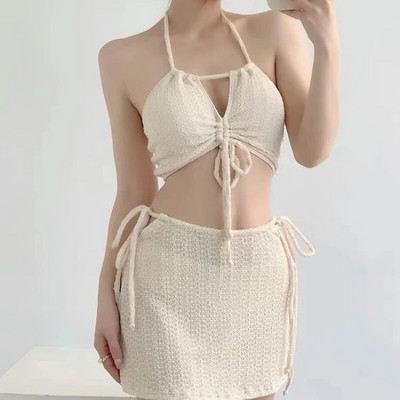 3 viename maudymosi kostiumėlis, moteriškas dviejų dalių komplektas, trikampis bikinis aukštu juosmeniu korėjietiškas moteriškas bikinis su 3 dalių dirželiu karšto pavasario maudymosi kostiumėlis