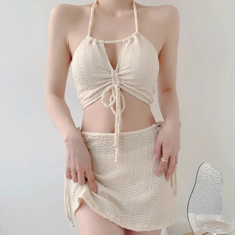 3 u 1 kupaći kostim Ženski dvodijelni set trokutastih bikinija visokog struka Jednobojni bikini od 3 komada s remenom Hot Spring kupaći kostim za korejske žene