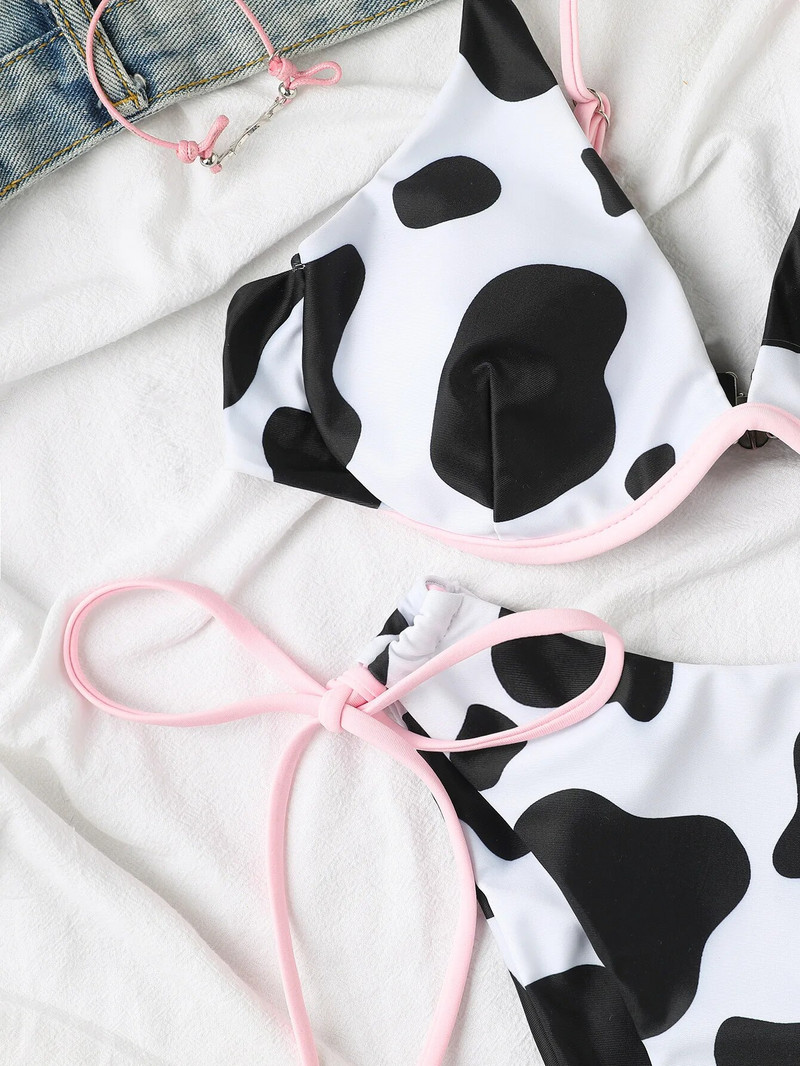 Dvodijelni kupaći kostim s kravljim uzorkom Ženski seksi kupaći kostim s V-izrezom, tregerima i žicama, kupaći kostim za plažu bez leđa, visokog struka PXJY183