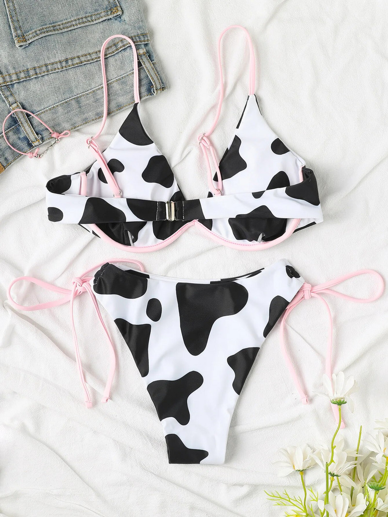 Dvodijelni kupaći kostim s kravljim uzorkom Ženski seksi kupaći kostim s V-izrezom, tregerima i žicama, kupaći kostim za plažu bez leđa, visokog struka PXJY183