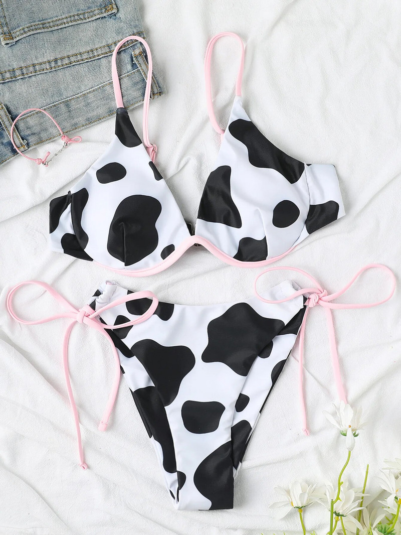 Dvodijelni kupaći kostim s kravljim uzorkom Ženski seksi kupaći kostim s V-izrezom, tregerima i žicama, kupaći kostim za plažu bez leđa, visokog struka PXJY183