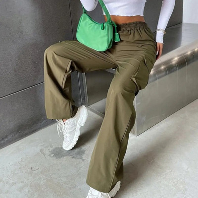 Ženske kargo hlače Elegantne ženske kargo hlače Trendovske hlače širokih nogavica s džepovima na elastičnom struku Ležerne korejske hlače za proljeće