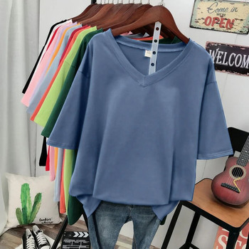 Тениска с големи размери EBAIHUI, плътна тениска с V-образно деколте, 100% памук L-6XL, дамски топ с къс ръкав, основни летни големи тениски за двойка