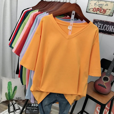 Μπλουζάκι EBAIHUI Plus Size Μπλουζάκι μασίφ V λαιμόκοψη 100% βαμβακερό L-6XL κοντομάνικο γυναικείο τοπ Basic καλοκαιρινό μπλουζάκι μεγάλου μεγέθους