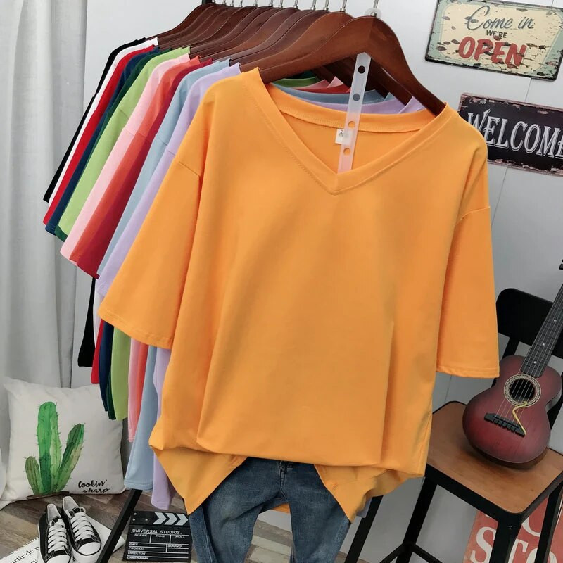 Μπλουζάκι EBAIHUI Plus Size Μπλουζάκι μασίφ V λαιμόκοψη 100% βαμβακερό L-6XL κοντομάνικο γυναικείο τοπ Basic καλοκαιρινό μπλουζάκι μεγάλου μεγέθους