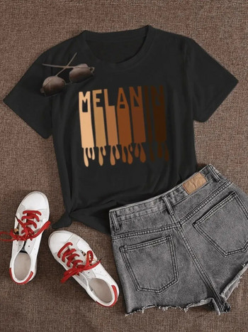 LW Дамски дрехи с голям размер 2022 г. Лятна ежедневна тениска с кръгло деколте и къс ръкав с меланинов принт с букви