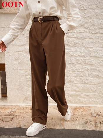 OOTN Streetwear Кафяви прави панталони Дамски модни ежедневни дълги панталони с висока талия 2023 Есенни плътни тънки панталони Женски копчета