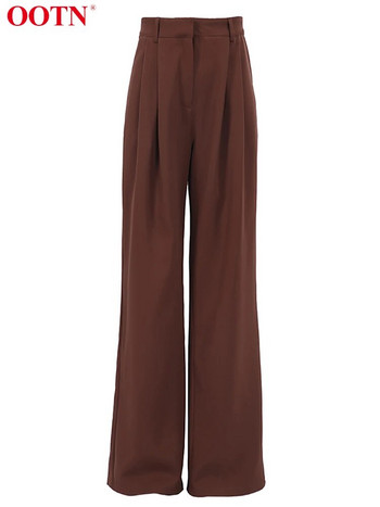 OOTN Streetwear Кафяви прави панталони Дамски модни ежедневни дълги панталони с висока талия 2023 Есенни плътни тънки панталони Женски копчета