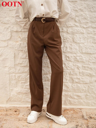 OOTN Streetwear pantaloni drepti maro pentru femei la modă ocazional pantaloni lungi cu talie înaltă 2023 toamna pantaloni subțiri uni, nasturi pentru femei