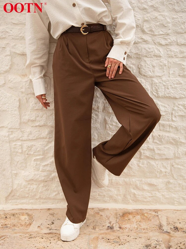 OOTN Streetwear, brūnas, taisnas bikses sievietēm, modes ikdienišķas garās bikses ar augstu vidukli, 2023. gada rudens, vienkrāsainas, šauras bikses, sieviešu pogas