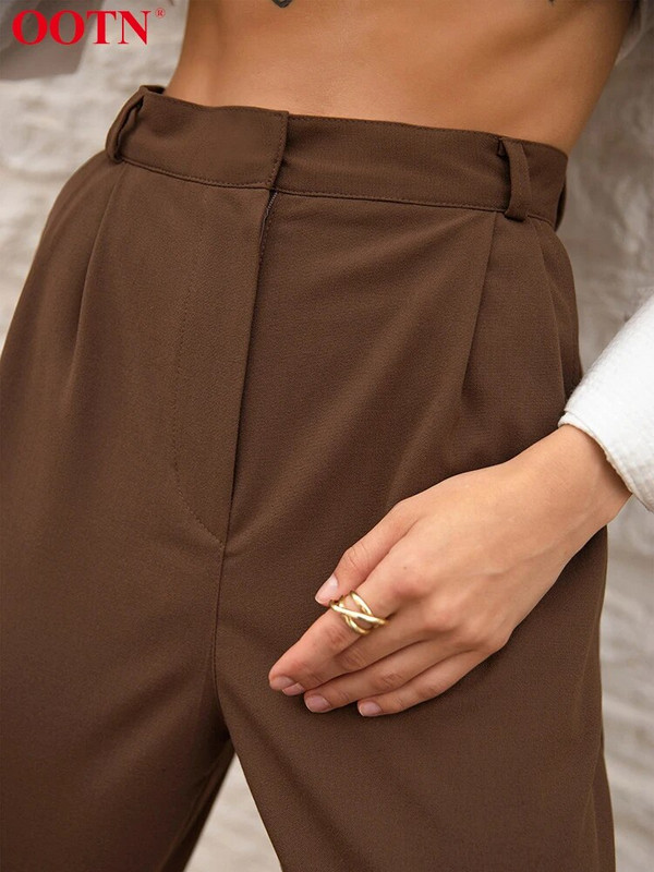 OOTN Streetwear, brūnas, taisnas bikses sievietēm, modes ikdienišķas garās bikses ar augstu vidukli, 2023. gada rudens, vienkrāsainas, šauras bikses, sieviešu pogas