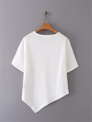 Големи размери Летни дрехи Тениска с къс ръкав Кръгла яка Тънка тениска с асиметричен подгъв Плюс размер Едноцветна модна тениска