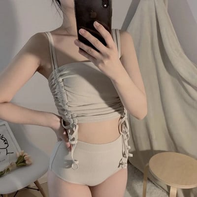 Novi seksi ženski bikini jednobojni plisirani bikini komplet s halterima, kupaći kostim bez leđa, dvodijelni bikini visoki struk, ženski bikini