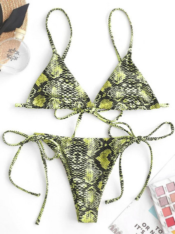 Sexy Snake Print Bikini 2024 Trend Γυναικείο μαγιό Γυναικείο μαγιό Thong Lace Up Σετ Micro Bikinis Μαγιό Brazilian Biquini
