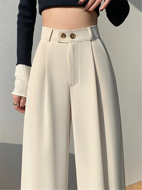 Jarné letné dámske nohavice s vysokým pásom a širokými nohavicami 2023, nové elegantné minimalistické jednofarebné rovné elegantné nohavice