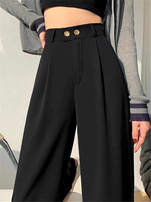 Jarné letné dámske nohavice s vysokým pásom a širokými nohavicami 2023, nové elegantné minimalistické jednofarebné rovné elegantné nohavice