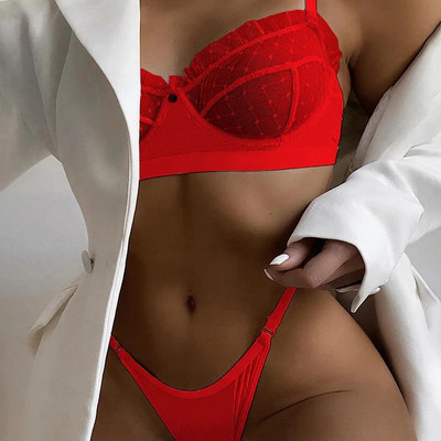 Žensko seksi donje rublje Čipkasti grudnjak s volanima Prozirno donje rublje Vruće erotsko donje rublje Push up grudnjak s gaćicama Kompleti crvenih gaćica
