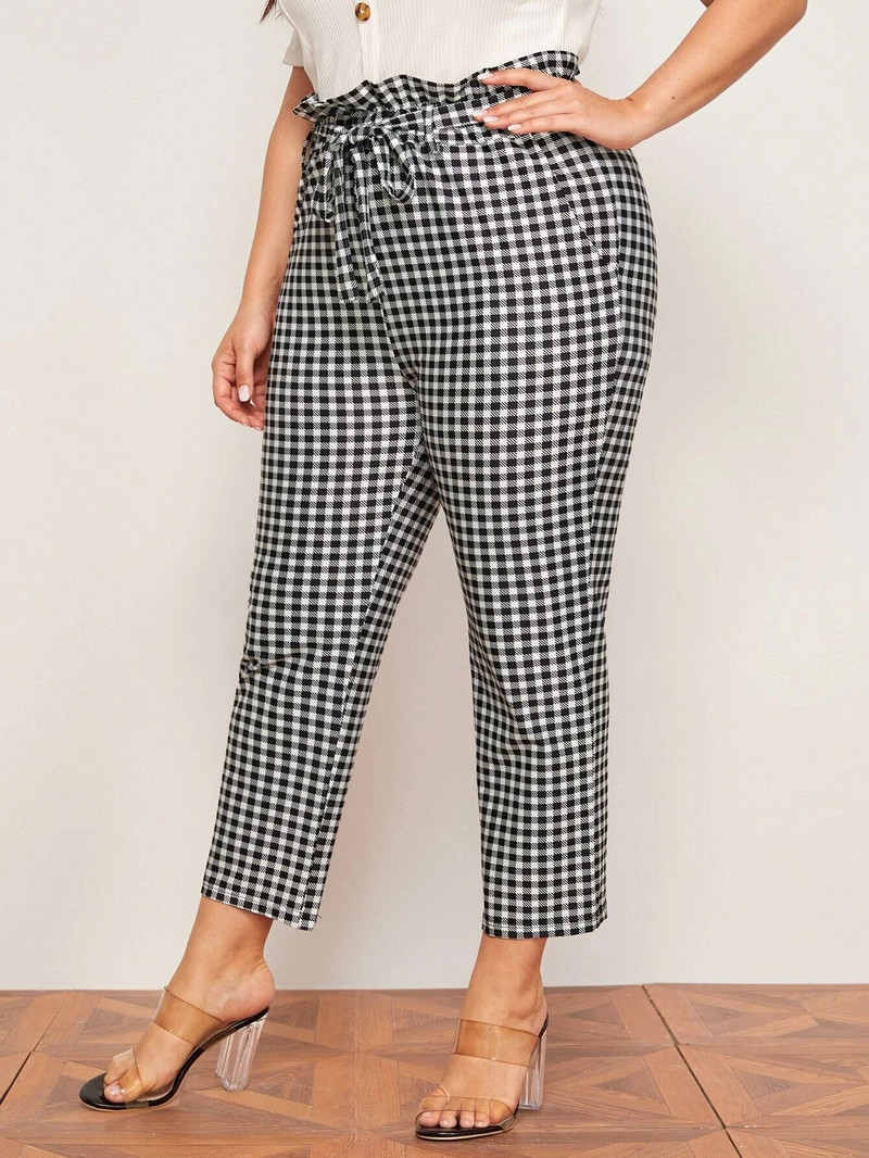 Plus Size Κομψό Ανοιξιάτικο φθινοπωρινό Gingham Παντελόνι Γυναικείο Ελαστικό Παντελόνι Μολύβι Τσέπης Πλαϊνό Γυναικείο Καρό Παντελόνι μέχρι τον Αστραγάλο 7XL