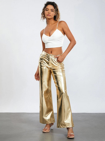 wsevypo Дамски метални дълги панталони с прави крачоли Модни с копчета с ниска талия Блестящи златни панталони Свободни дълги панталони с джобове