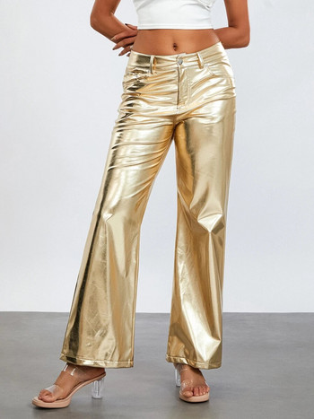 wsevypo Γυναικείο μεταλλικό ίσιο μακρύ παντελόνι μόδας με κουμπάκι με κουμπιά χρυσό Γυαλιστερό χρυσό παντελόνι φαρδύ μακρύ παντελόνι με τσέπες