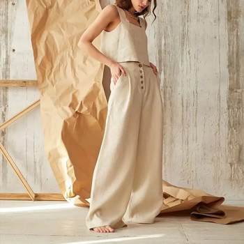 Casual βαμβακερό λινό παντελόνι ψηλό πλάνο Γυναικείο παντελόνι φαρδύ πόδι με κουμπί επάνω Κορεάτικη μόδα Παντελόνι Harajuku Streetwear Φούτερ