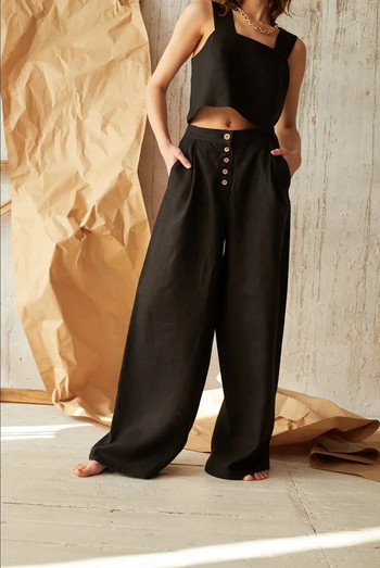 Casual βαμβακερό λινό παντελόνι ψηλό πλάνο Γυναικείο παντελόνι φαρδύ πόδι με κουμπί επάνω Κορεάτικη μόδα Παντελόνι Harajuku Streetwear Φούτερ