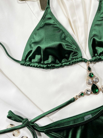 2023 Нови секси бикини със зелен диамант и кристали, бански костюми, бански костюм, дамски комплект бикини с халтер, бански костюм, плажни бикини, луксозни женски