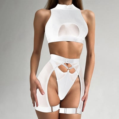 Seksualus apatinis trikotažas dailioms moteriškoms liemenėlių rinkinys Egzotiškas apatinis dirželis Plieninis žiedas Apatiniai trijų dalių komplektai Moteriško apatinio trikotažo apatinio trikotažo rinkinys