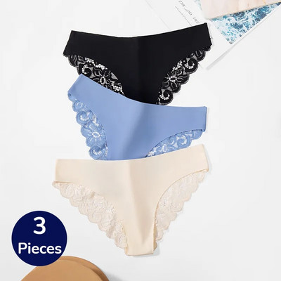 Комплект дамски бикини Giczi 3PCS Sweet Lace Дамско бельо Издълбано секси бельо Меки копринени сатенени слипове Уютни дамски гащи