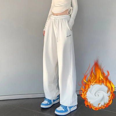 Jesen Zima Ženske flis bijele trenirke Elastična visoka struka Svestrane ulične mode Ležerne široke deblje hlače širokih nogavica