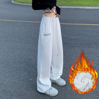 Jesen Zima Ženske flis bijele trenirke Elastična visoka struka Svestrane ulične mode Ležerne široke deblje hlače širokih nogavica