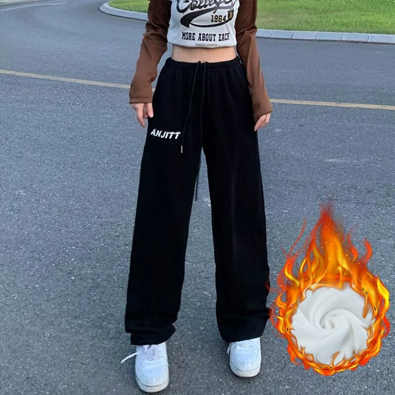 Jesen Zima Ženske flis bijele trenirke Elastična visoka struka Svestrane ulične mode Ležerne široke deblje hlače širokih nogavica