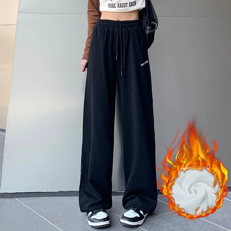 Jesen Zima Ženske flis bijele trenirke Elastična visoka struka Svestrane ulične mode Ležerne široke deblje hlače širokih nogavica