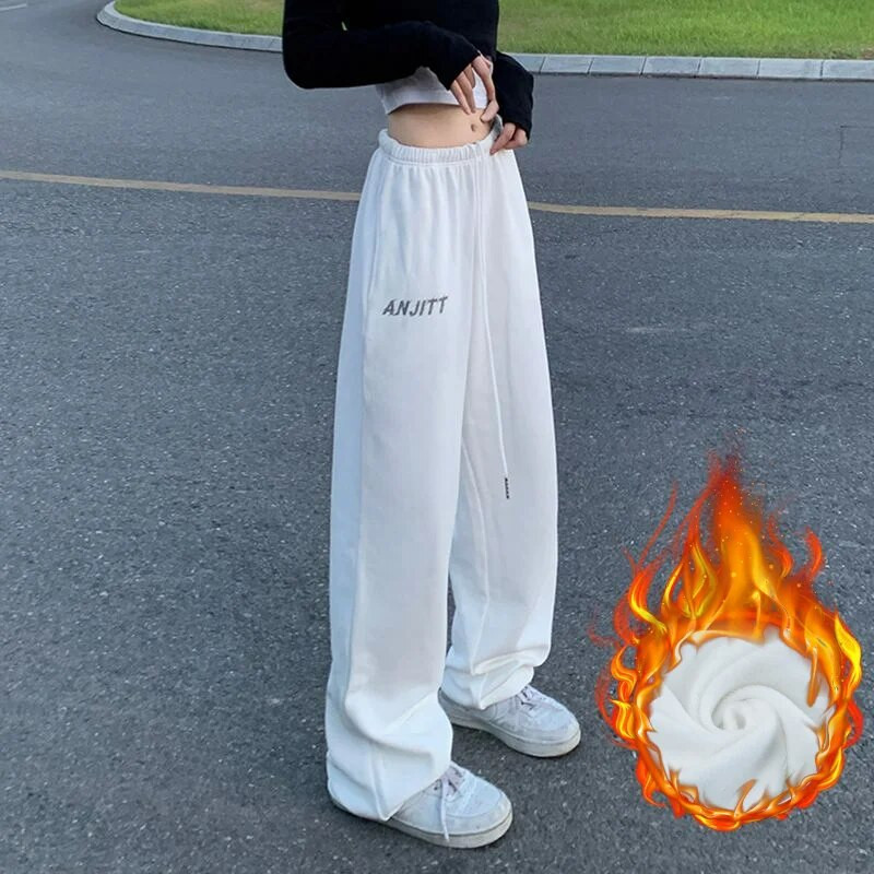 Jesen Zima Ženske flis bijele trenirke Elastična visoka struka Svestrane ulične mode Ležerne široke deblje hlače širokih nogavica