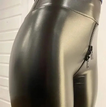 Панталони от изкуствена кожа Дамски кожени панталони с еластичен цип Панталони 2023 Leren Broeken Секси черни, матирани PC кожени панталони с отворен чатал