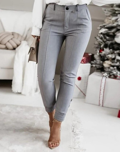 Зимни дамски работни панталони 2023 г. с цип и висока талия, тънки панталони тип молив с копчета и ластик на талията