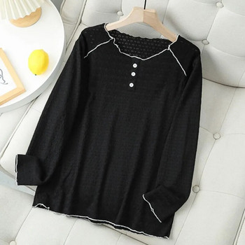 Φθινοπωρινά γυναικεία ρούχα 2023 Μπλουζάκι με μακρυμάνικο μπλουζάκι με βασικό μέγεθος, ημιδιάφανο μπλουζάκι με κοίλο κούφιο ζακάρ K71 840