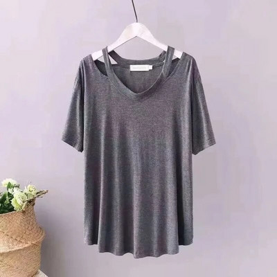 DAYIFUN Liela izmēra 150 KG Sieviešu lieli Tkrekli Vienkrāsaini Topi Sieviešu T-krekli ar vaļīgām īsām piedurknēm Vasaras V kakla izgriezums