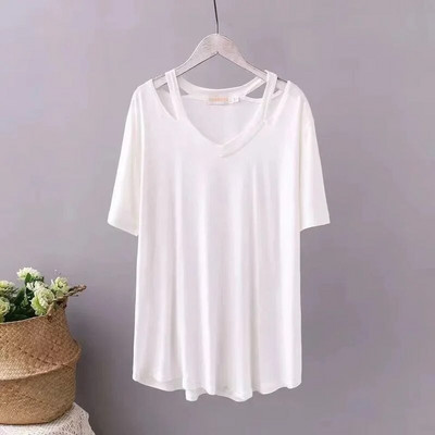 DAYIFUN Liela izmēra 150 KG Sieviešu lieli Tkrekli Vienkrāsaini Topi Sieviešu T-krekli ar vaļīgām īsām piedurknēm Vasaras V kakla izgriezums