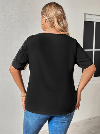 Дамска горна тениска с V-образно деколте с голям размер, метален пръстен, дамска блуза с цветен блок, къс ръкав, лято, есен, есенно облекло