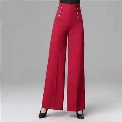 Pavasara un rudens sieviešu bikses ar augstu vidukli, platas kājas, vienkrāsainas pogas, spilgtas līnijas dekorācijas, brīvas biroja sieviešu modes ikdienas bikses