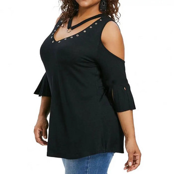 Дамски тениски с големи размери, V-образно деколте, къси ръкави, разделени маншети Основна горна част, издълбани студени рамена, дамска тениска с големи размери