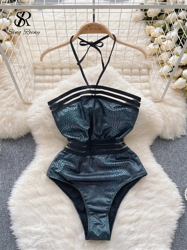 SINGREINY Serpentine Seksi kupaći kostimi s halterima Modni mrežasti Bodycon Ženski erotski kombinezoni bez leđa Bikini za odmor na plaži