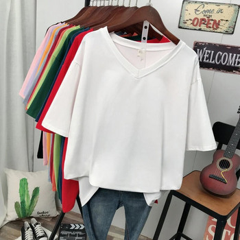 DAYIFUN Памучни тениски с V-образно деколте и къс ръкав Дамски корейски свободни големи размери Едноцветни тениски Дамски 100 кг Топ с половин ръкав 5XL тениски 2024